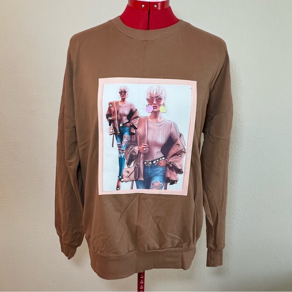 Women's Crep Brown Crewneck Sweatshirt Graphic Print Long Sleeve Small